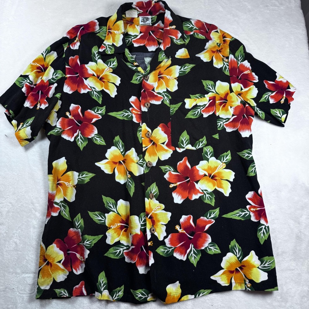 Vintage Kennington Shirt Mens Large Black Hawaiian Hula Girl Rayon 90s Aloha